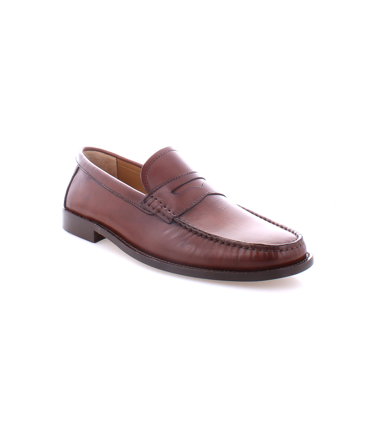 A Moat by Bed Stu is a brown leather loafer handcrafted in Italy with a slightly raised heel and stitching details along the edges.