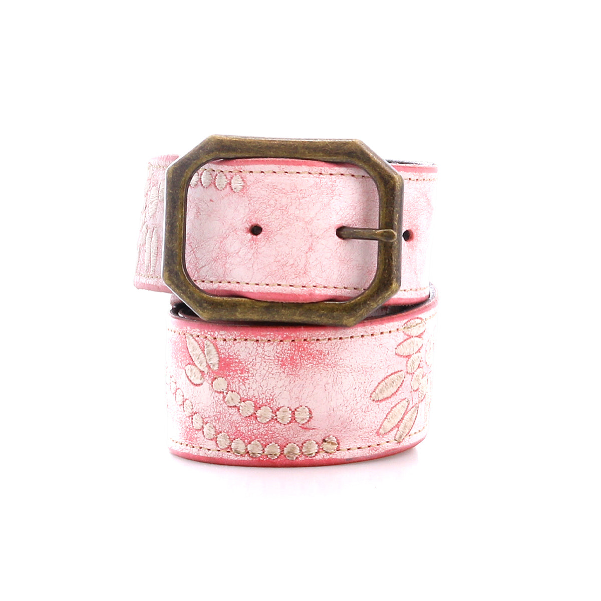 The Mohawk by Bed Stu is a women's pink leather belt with a vintage brass buckle featuring embossed floral and dotted patterns. Its design perfectly complements embroidered details for an elegant touch, and it coils neatly.
