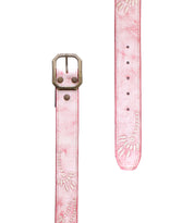 The Bed Stu Mohawk women's leather belt in charming pink has a bronze buckle with exquisite floral engravings and delicate embroidered details.