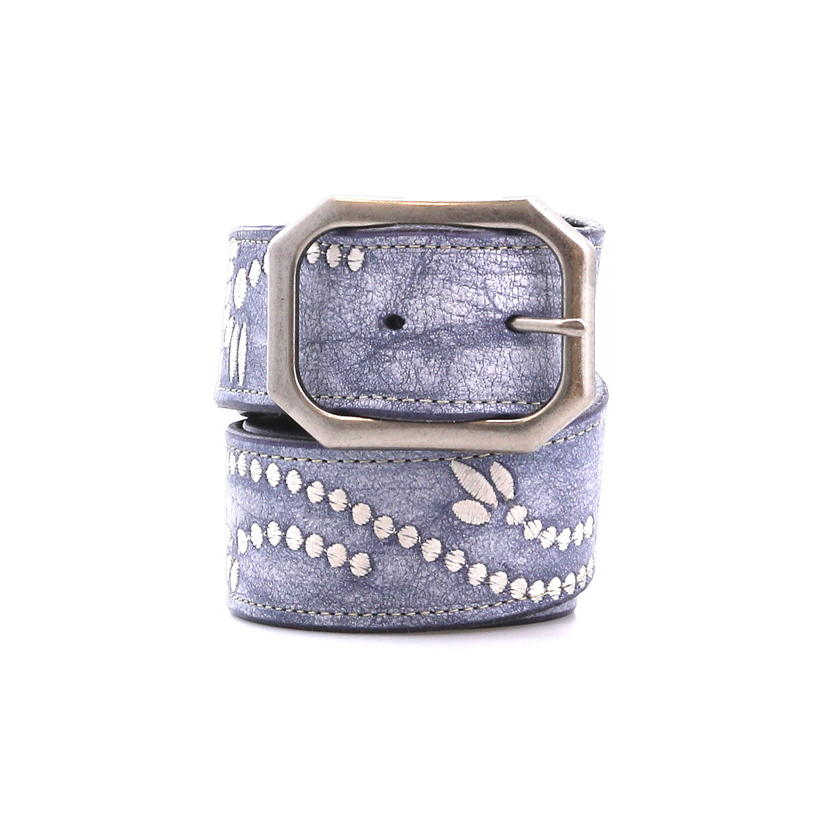 The Bed Stu Mohawk is a blue leather belt with a rectangular metal buckle, featuring white stitching and subtle embroidered details.