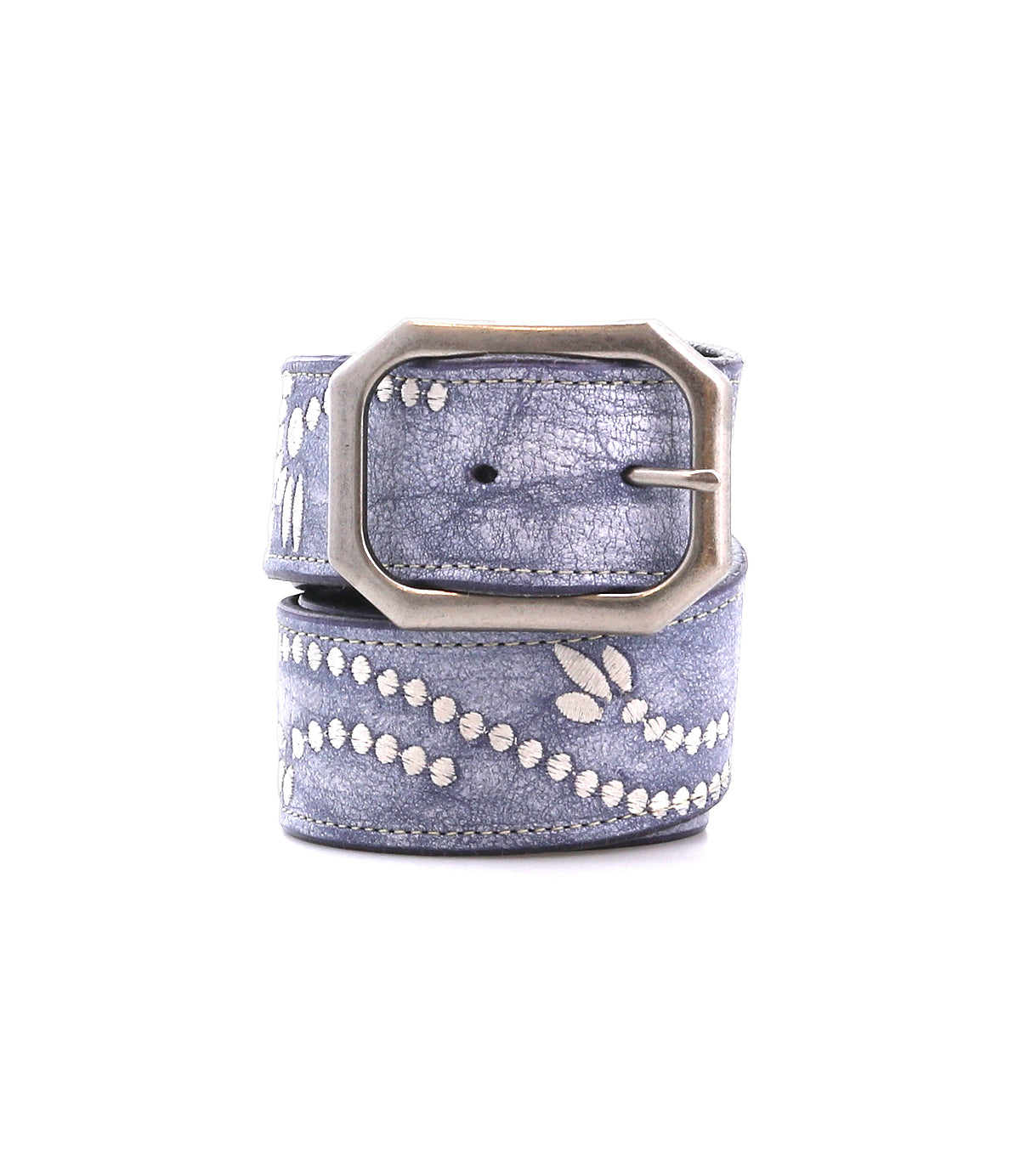 The Bed Stu Mohawk is a blue leather belt with a rectangular metal buckle, featuring white stitching and subtle embroidered details.