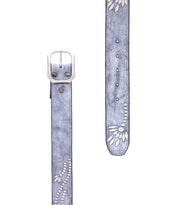 The Mohawk belt by Bed Stu is a women's light blue distressed leather design featuring elegant white embroidery and a silver buckle, shown from two angles.