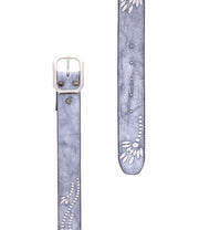 The Mohawk belt by Bed Stu is a women's light blue distressed leather design featuring elegant white embroidery and a silver buckle, shown from two angles.