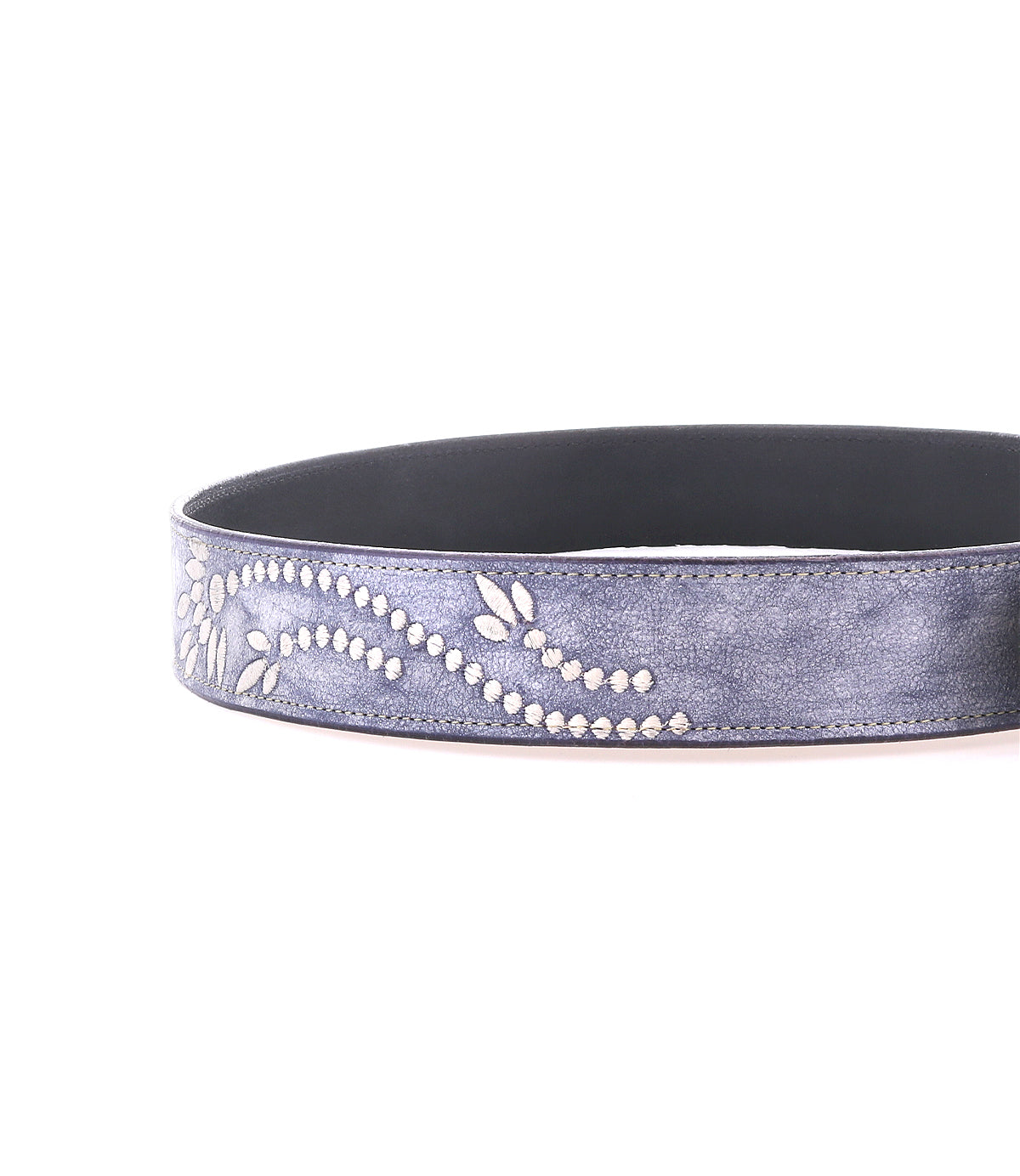 Bed Stu's Mohawk belt for women features distressed gray leather with white floral embroidery and a silver buckle, all presented on a pristine white background.