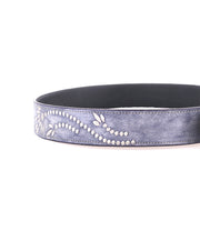 Bed Stu's Mohawk belt for women features distressed gray leather with white floral embroidery and a silver buckle, all presented on a pristine white background.