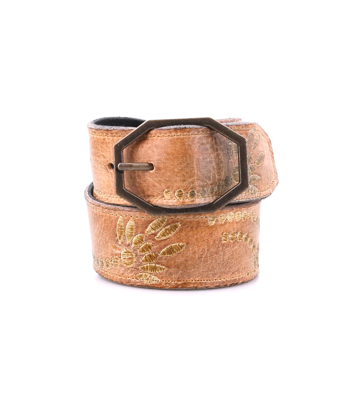 The Bed Stu Mohawk women's belt, made from brown distressed leather with an octagonal metal buckle and embroidered floral designs, is shown coiled on a white background.