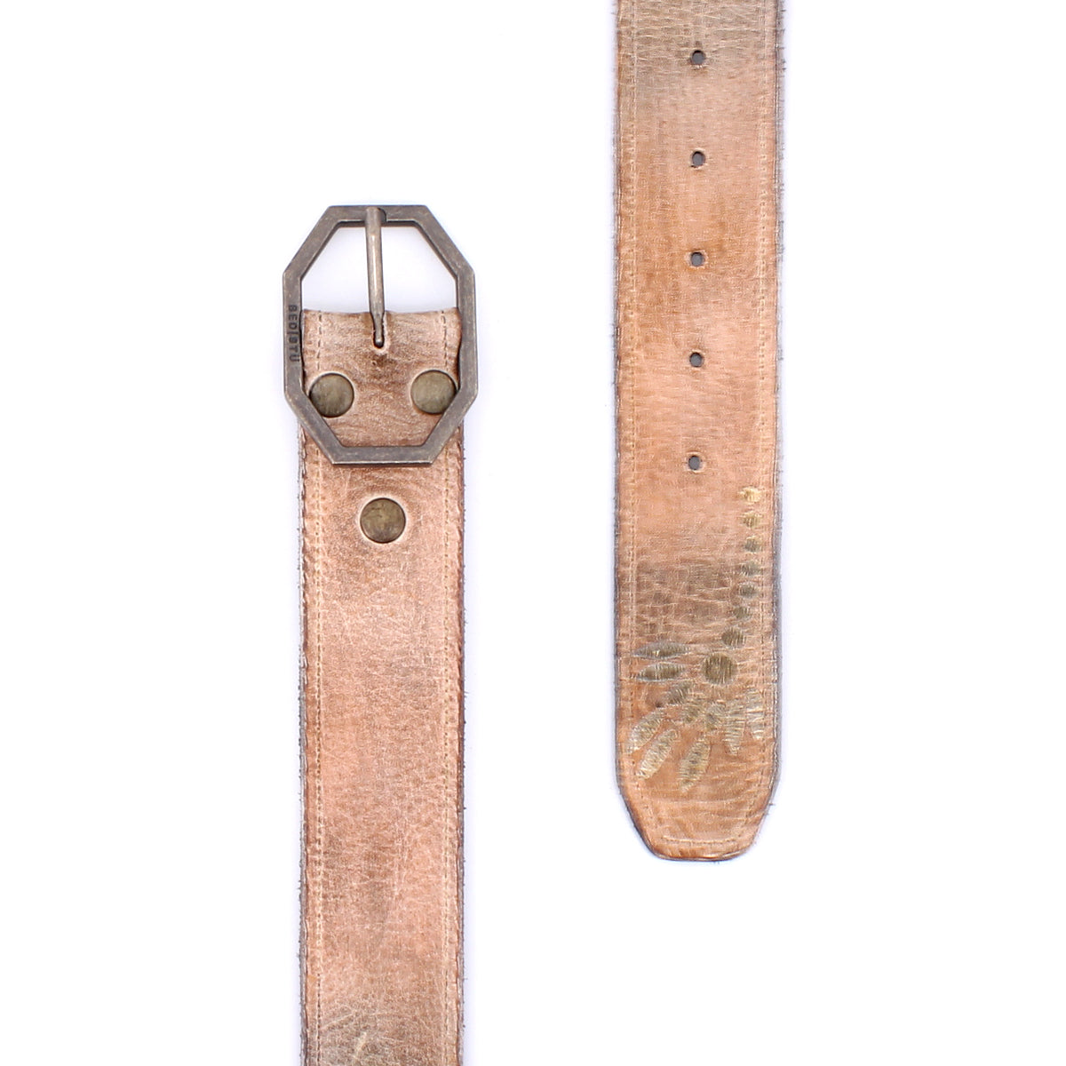 Bed Stu’s Mohawk belt features distressed leather, a metal hexagonal buckle, and round studs on its tapered end with visible holes and a faded pattern, channeling the vintage appeal of an embroidered accessory.