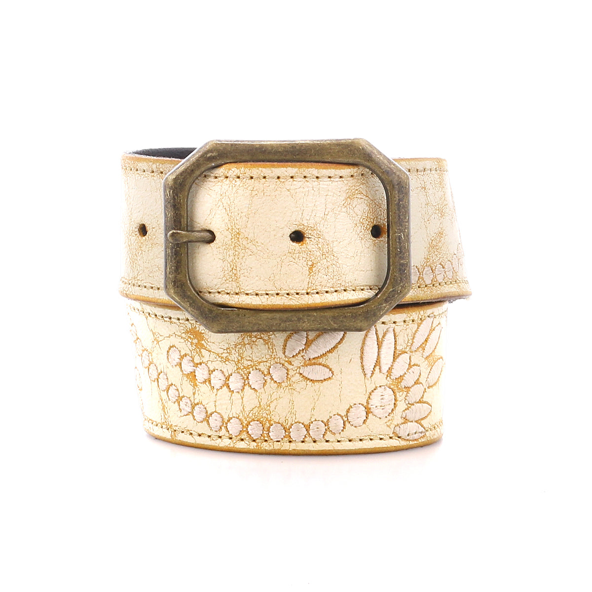 The Mohawk by Bed Stu is a beige belt featuring a floral design with embroidered details and a square brass buckle.