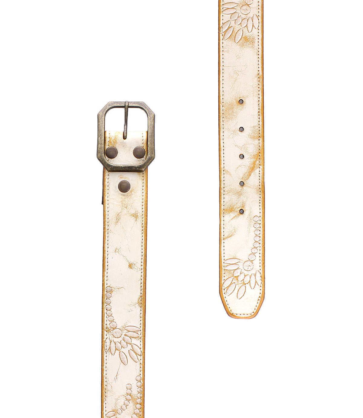 The Mohawk by Bed Stu is a women's distressed leather belt in white, featuring a metal buckle and exquisite floral engravings on the strap.