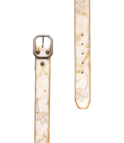 The Mohawk by Bed Stu is a women's distressed leather belt in white, featuring a metal buckle and exquisite floral engravings on the strap.