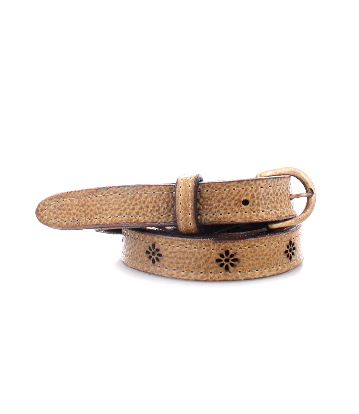 This Monae II leather belt is the perfect accessory, featuring beautiful flowers in a tan color.