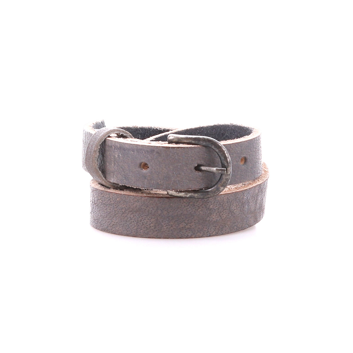 The Bed Stu Monae is a dark brown leather belt with a metal buckle, ideal for a boho touch. Shown coiled on a white background.