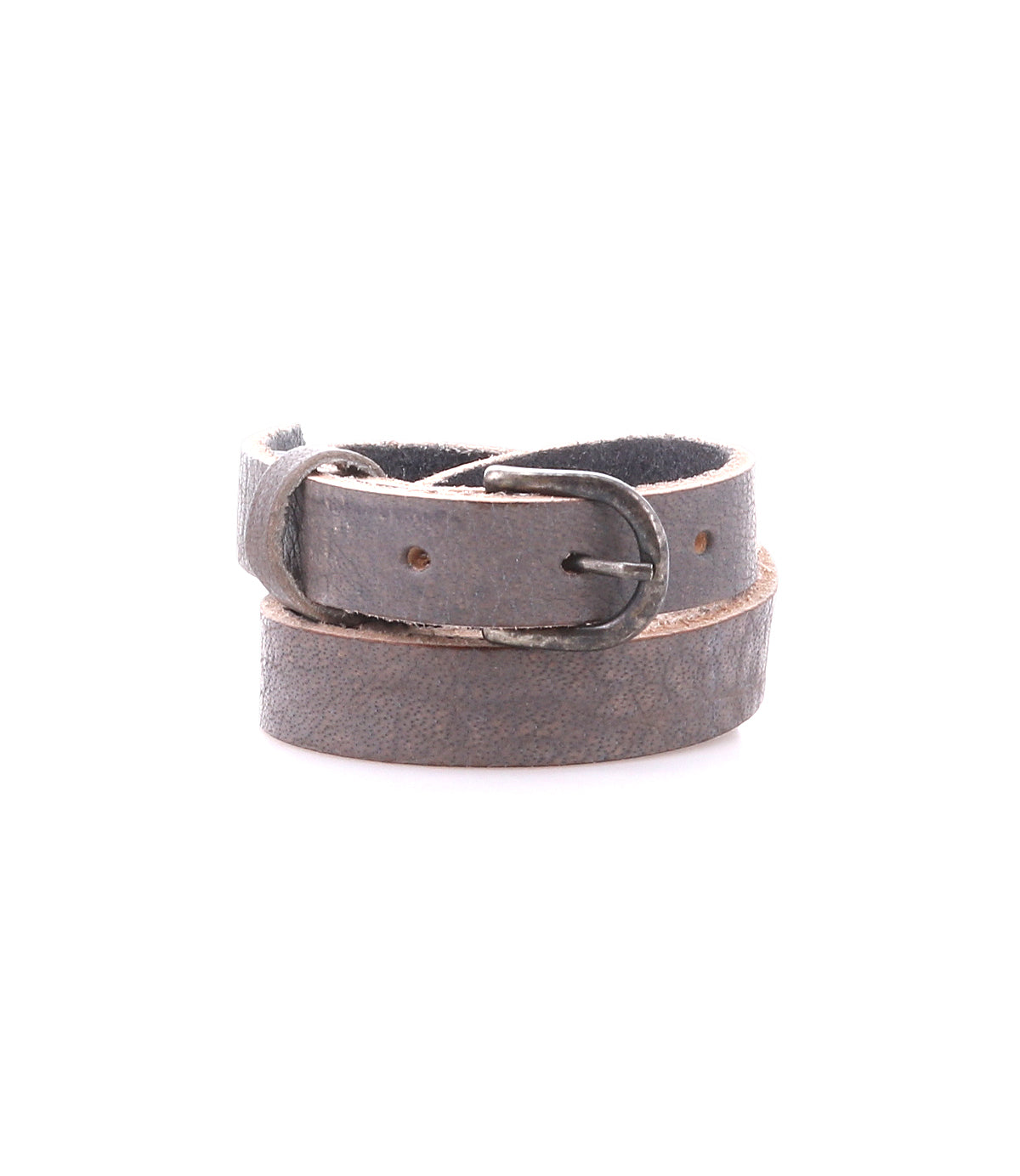 The Bed Stu Monae is a dark brown leather belt with a metal buckle, ideal for a boho touch. Shown coiled on a white background.