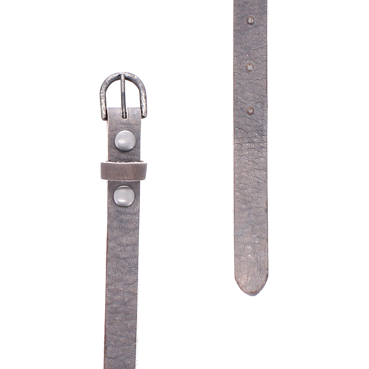 A close-up of the Bed Stu Monae gray leather belt features a metal buckle, two rivets, and adjustment holes—both buckle end and pointed tip shown—making it the ideal accessory to finish your boho look.
