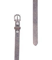 A close-up of the Bed Stu Monae gray leather belt features a metal buckle, two rivets, and adjustment holes—both buckle end and pointed tip shown—making it the ideal accessory to finish your boho look.