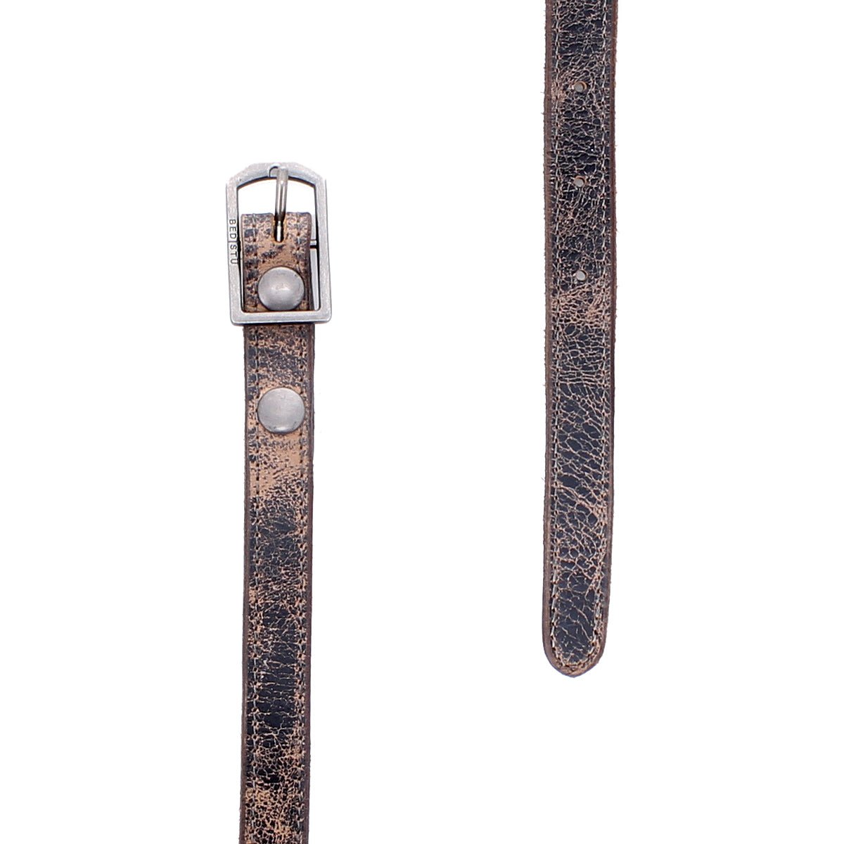 Two views of the Bed Stu "Monae" belt highlight its worn dark brown leather with cracks, silver buckle, and metal studs for vintage boho charm, shown on a white background.