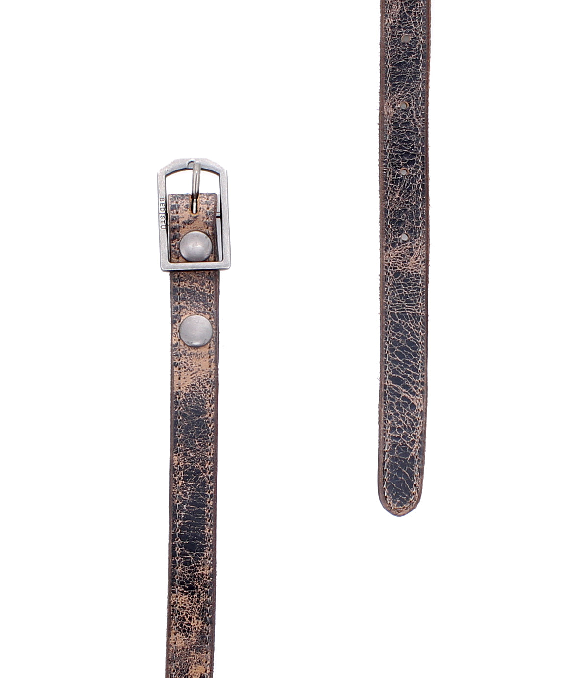 Two views of the Bed Stu "Monae" belt highlight its worn dark brown leather with cracks, silver buckle, and metal studs for vintage boho charm, shown on a white background.
