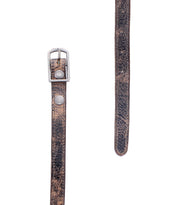 Two views of the Bed Stu "Monae" belt highlight its worn dark brown leather with cracks, silver buckle, and metal studs for vintage boho charm, shown on a white background.