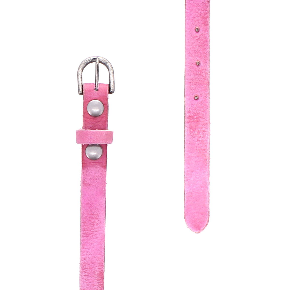 Two views of the Monae pink skinny belt by Bed Stu, featuring a silver buckle and metal rivets in chic suede, shown against a white background.