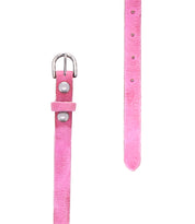 Two views of the Monae pink skinny belt by Bed Stu, featuring a silver buckle and metal rivets in chic suede, shown against a white background.