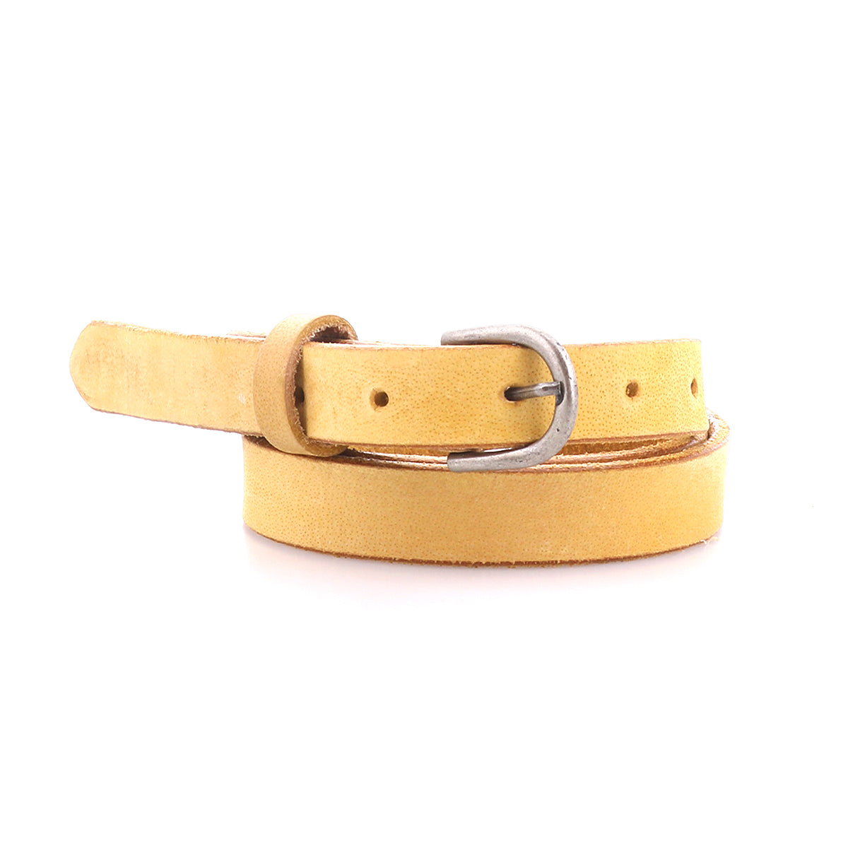 The Bed Stu Monae is a yellow suede skinny belt with a silver buckle, shown coiled in a loop on a white background.