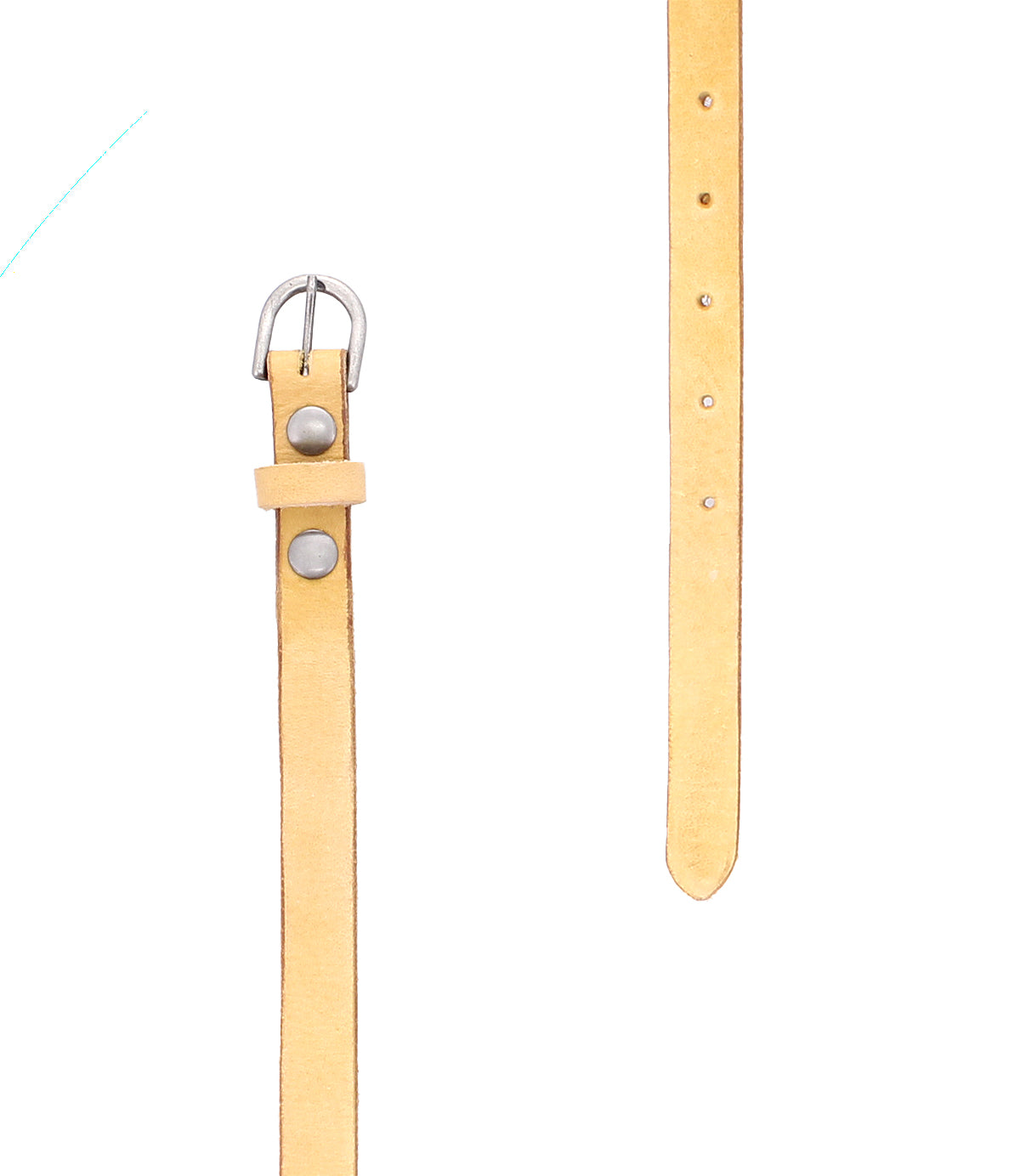 Two tan leather Bed Stu Monae belts with metal buckles and rivets are shown on a white background; one skinny belt is fully visible, the other partially.