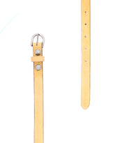 Two tan leather Bed Stu Monae belts with metal buckles and rivets are shown on a white background; one skinny belt is fully visible, the other partially.
