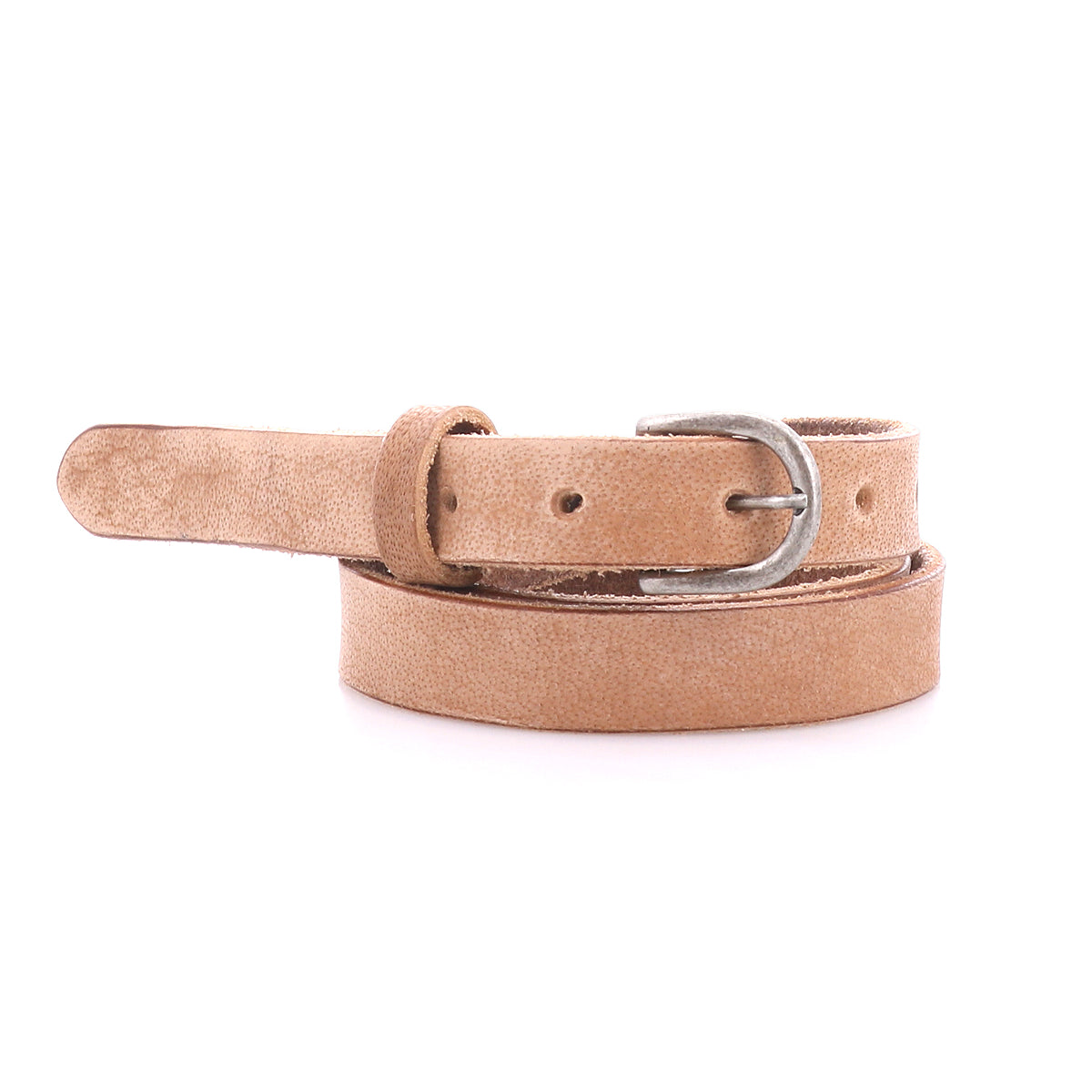A light brown Bed Stu Monae leather skinny belt with a silver buckle is coiled elegantly on a white background.