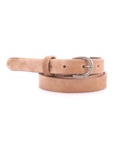 A light brown Bed Stu Monae leather skinny belt with a silver buckle is coiled elegantly on a white background.