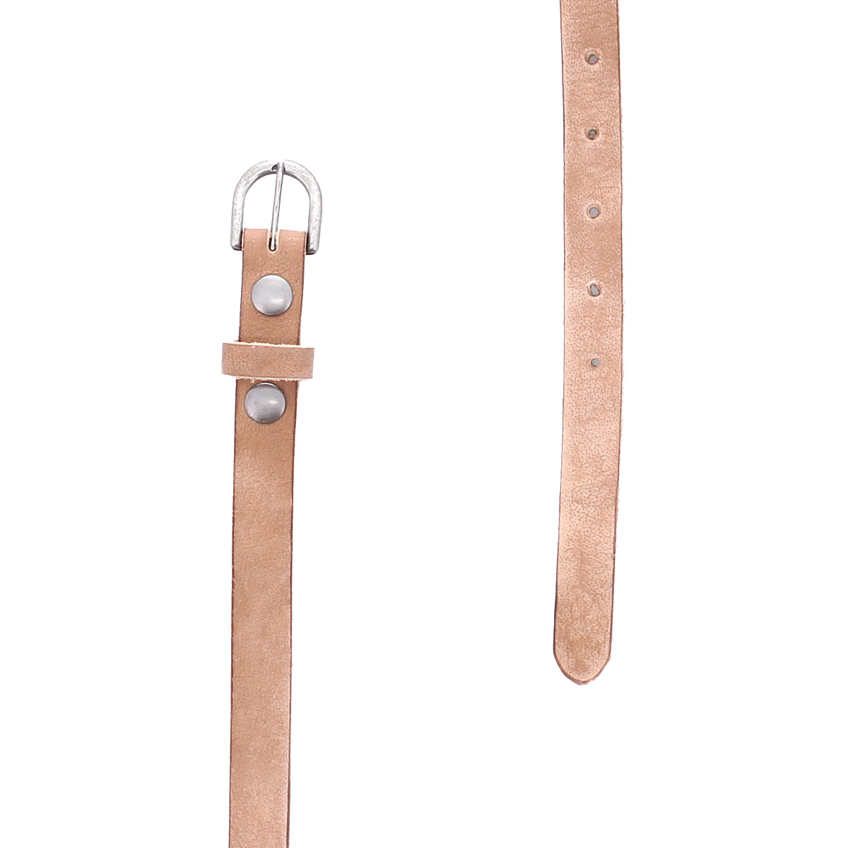 The Bed Stu Monae is a brown leather belt with a silver buckle and two metal studs, displayed vertically with one end fastened and the other loose.