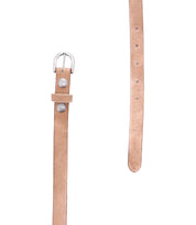 The Bed Stu Monae is a brown leather belt with a silver buckle and two metal studs, displayed vertically with one end fastened and the other loose.