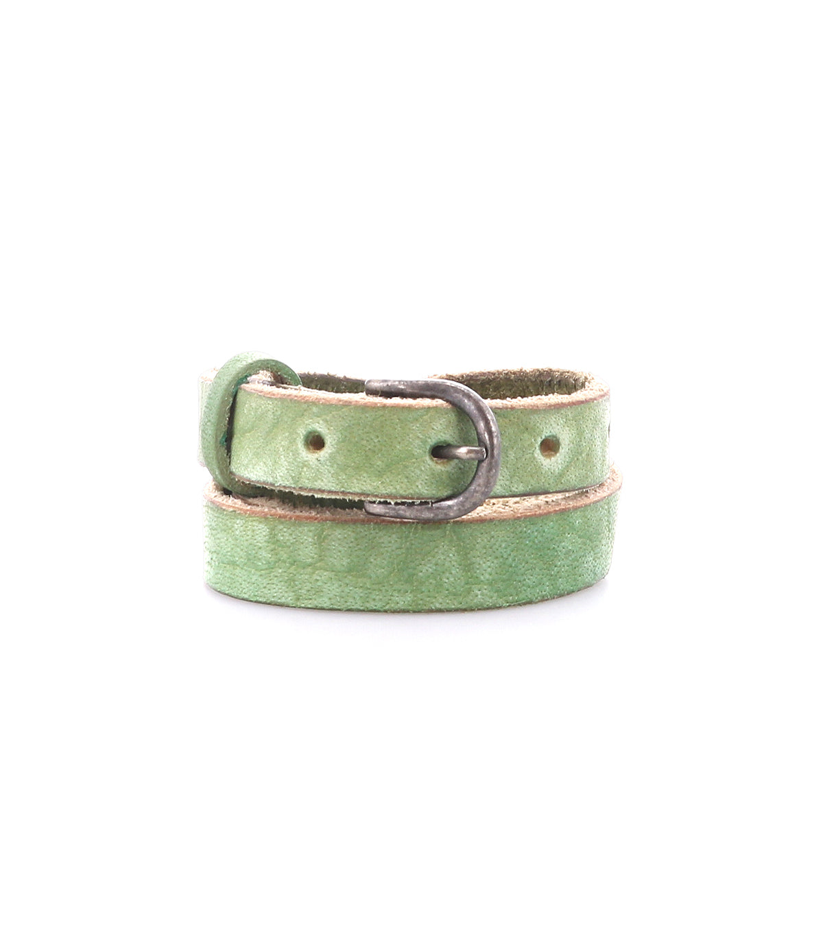 The Bed Stu Monae is a light green skinny leather belt with a silver buckle, neatly coiled on a white background—an ideal accessory for your boho style.