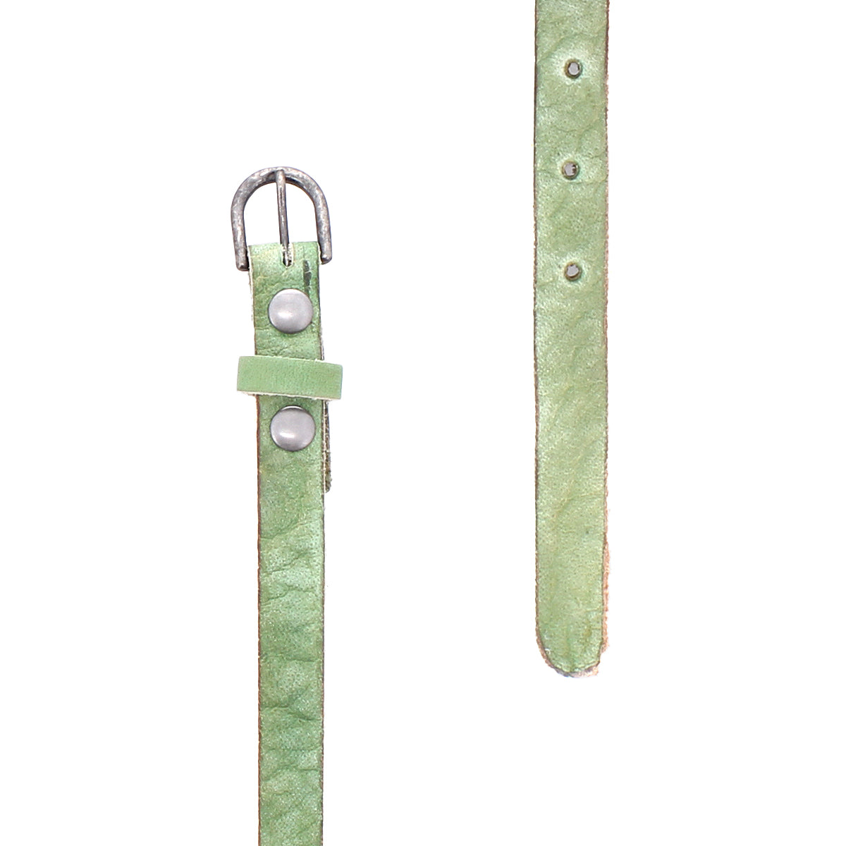 Two views of the Monae green skinny leather belt by Bed Stu with metal buckles and rivets—one highlights the buckle, the other shows punched holes. A stylish way to add a subtle boho touch to any outfit.
