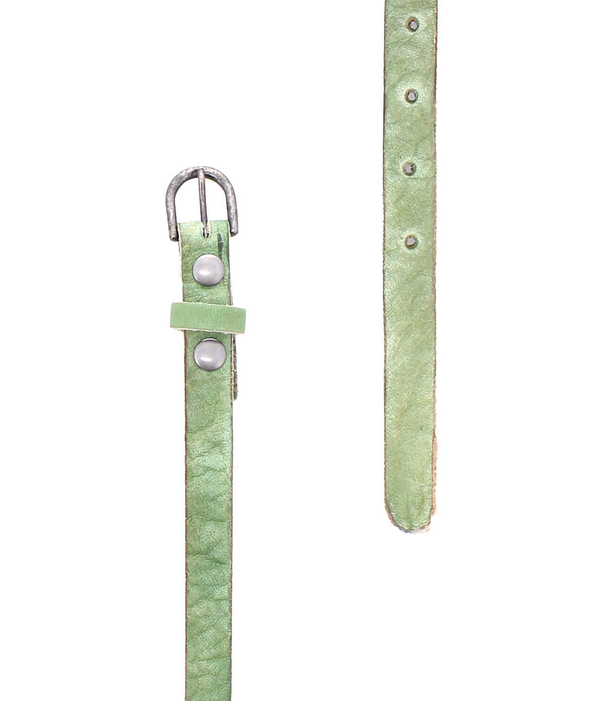 Two views of the Monae green skinny leather belt by Bed Stu with metal buckles and rivets—one highlights the buckle, the other shows punched holes. A stylish way to add a subtle boho touch to any outfit.