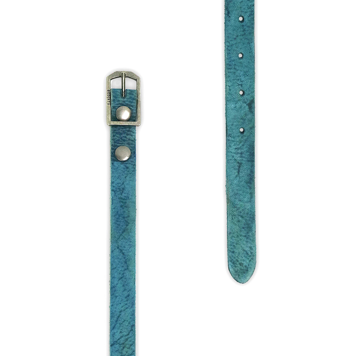 The Monae skinny turquoise leather belt by Bed Stu features a silver buckle and multiple adjustment holes, ideal for a boho look. Shown laid flat on a white background.