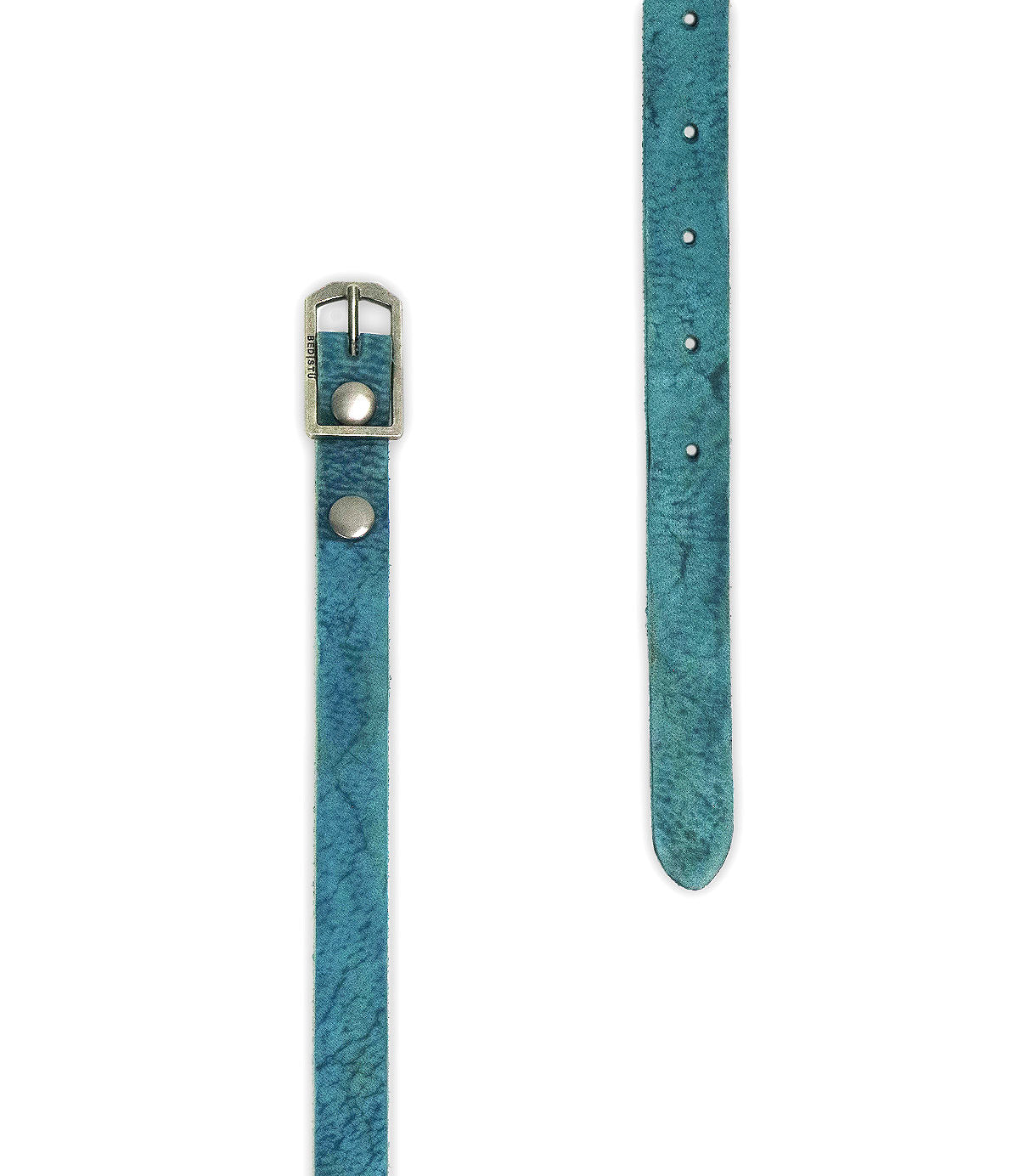 The Monae skinny turquoise leather belt by Bed Stu features a silver buckle and multiple adjustment holes, ideal for a boho look. Shown laid flat on a white background.