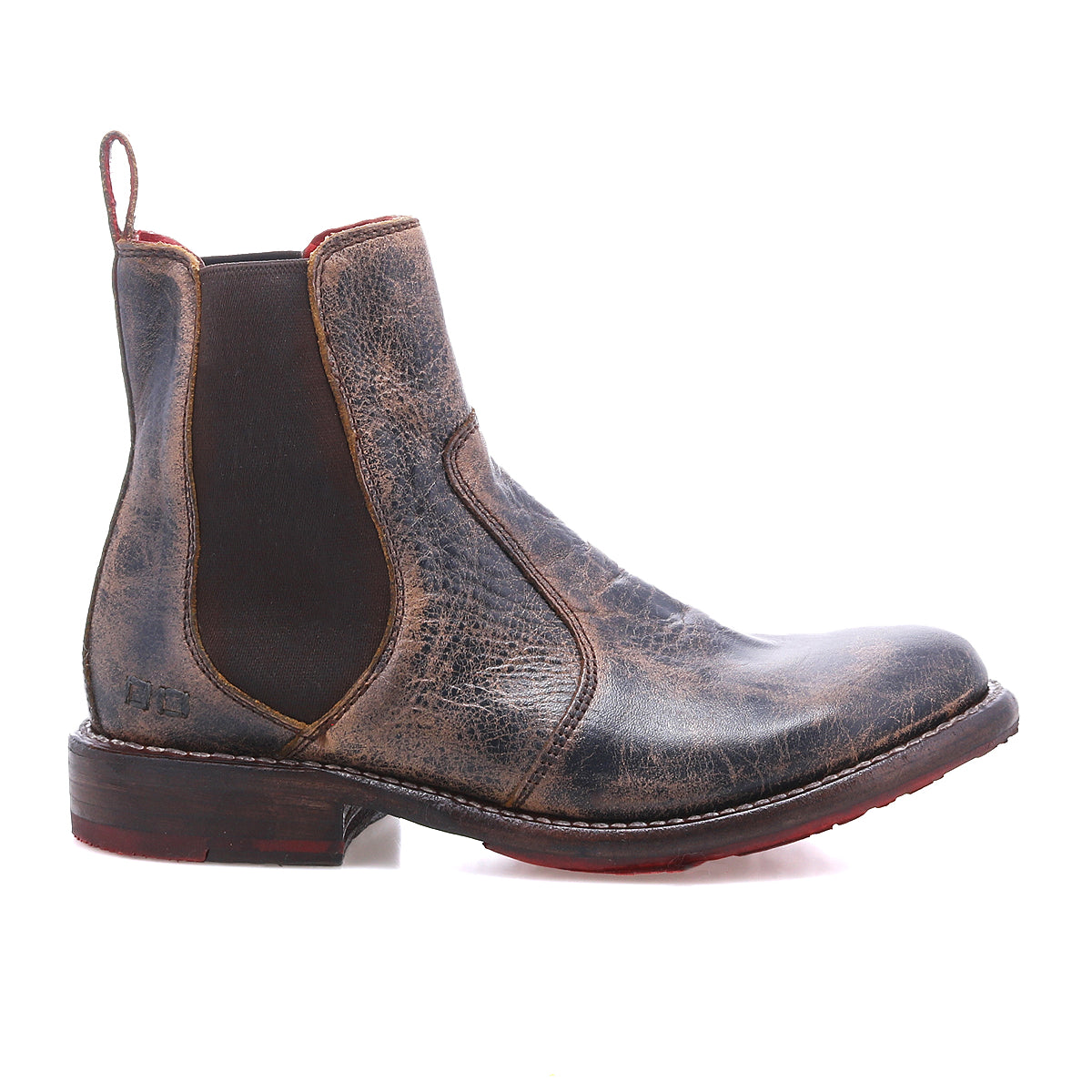 Bed|Stü Nandi distressed leather Chelsea boot featuring side elastic panels and a signature red sole in a versatile slip-on design.
