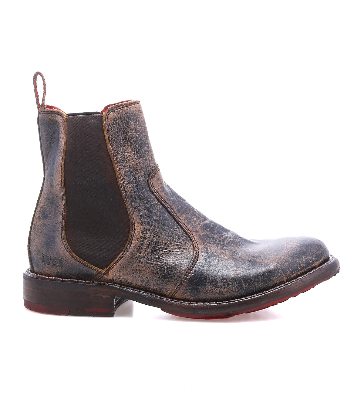 Bed|Stü Nandi distressed leather Chelsea boot featuring side elastic panels and a signature red sole in a versatile slip-on design.