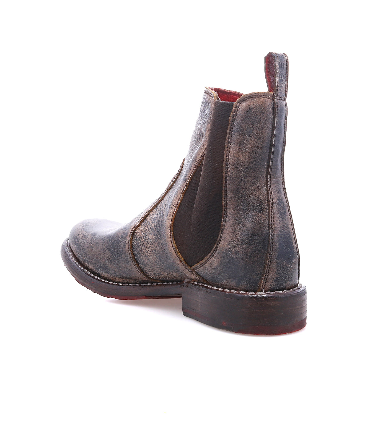 Bed|Stü Nandi distressed brown leather Chelsea boot featuring elastic side panels, a stacked heel, and a versatile slip-on design.