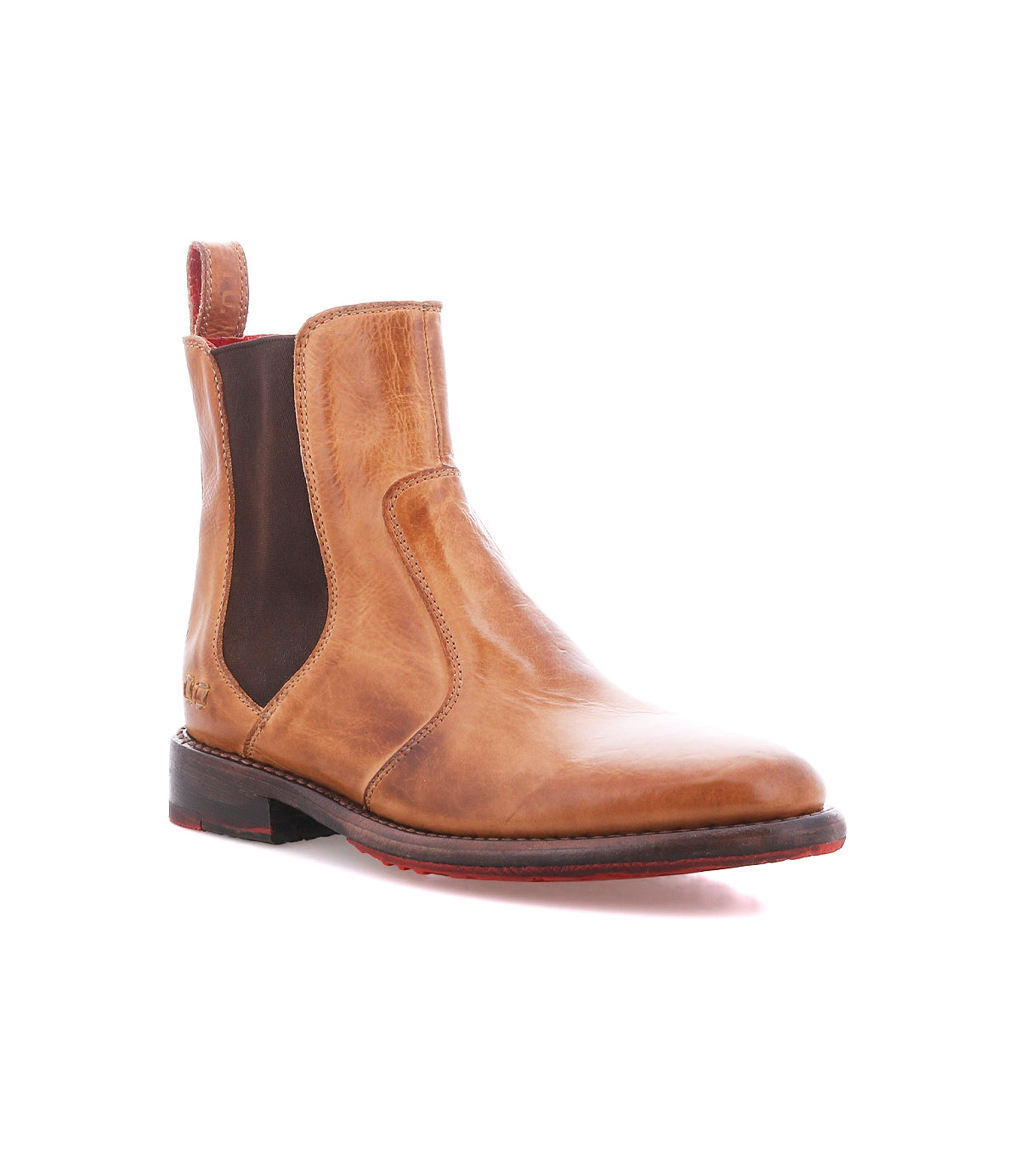 Bed|Stü Nandi: Brown leather Chelsea boot featuring elastic side panels, back pull tab, and dark brown sole on a white background.