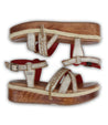 Pair of stylish wooden Necessary flatform sandals with stitched straps on a white background by Bed Stu.
