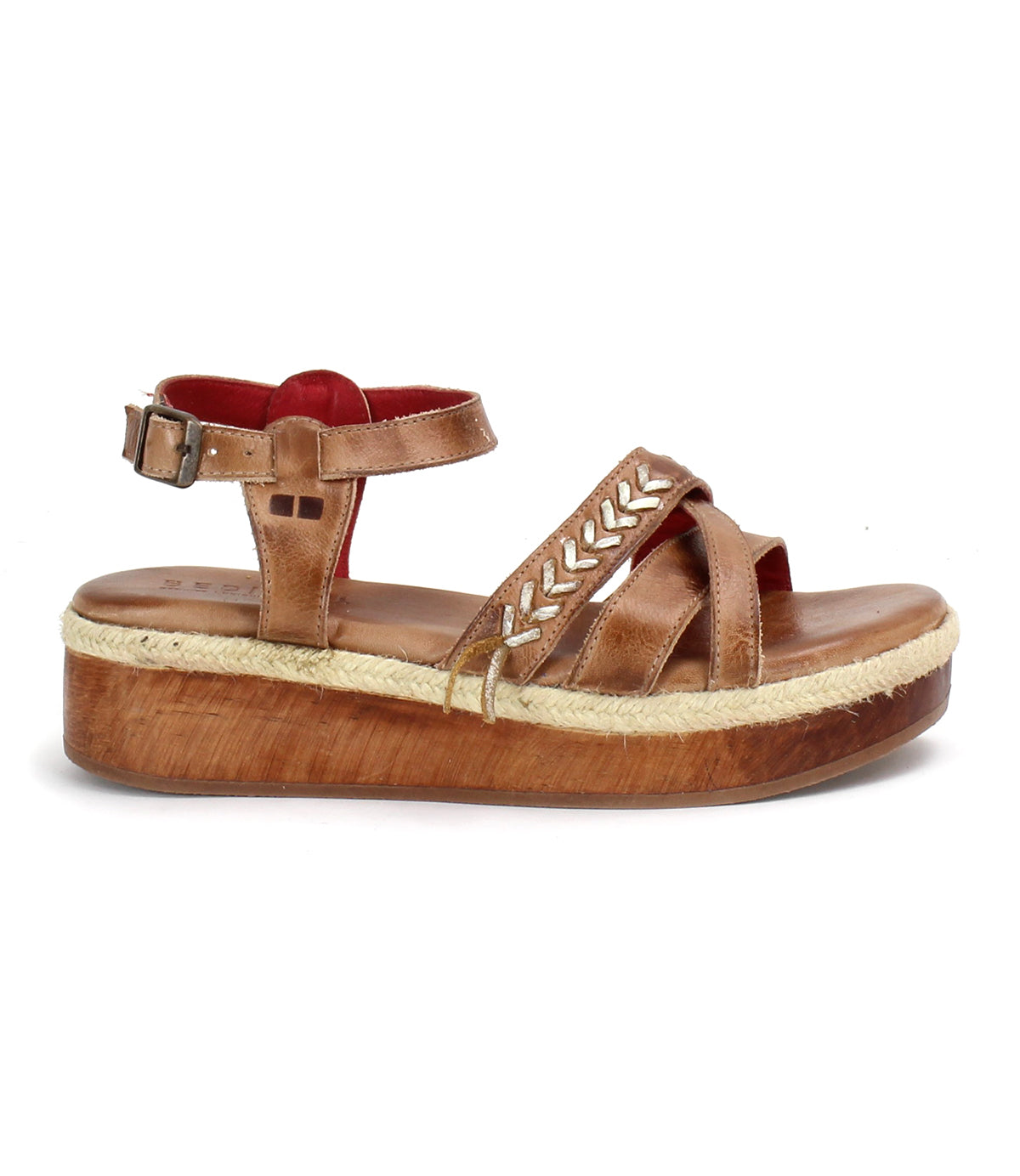 Women's stylish brown strappy sandal with a cork platform sole from Bed Stu Necessary.