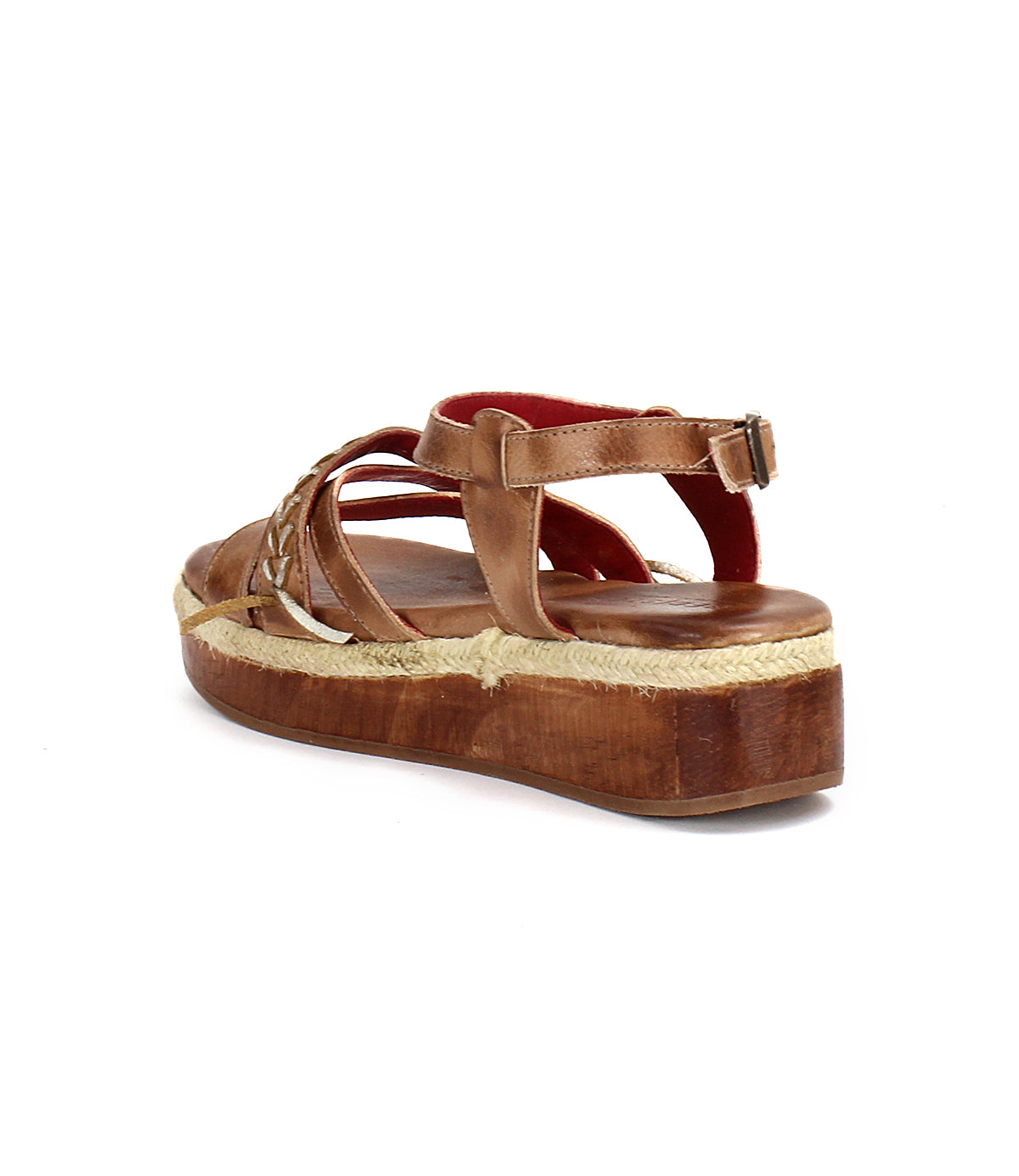 Brown strappy sandal with a chunky wooden flatform sole, Necessary by Bed Stu.