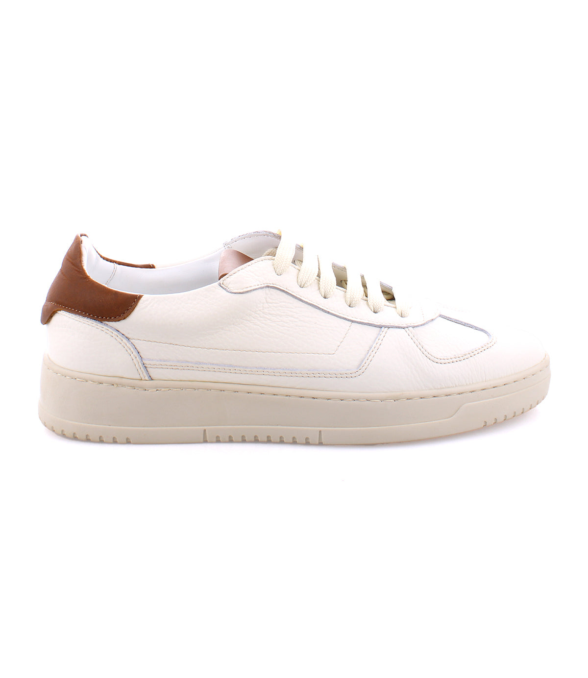 A high-quality leather white sneaker with a brown heel tab, beige sole, and white laces, viewed from the side. Perfect for those seeking classic white sneakers that blend timeless style with premium craftsmanship: the North by Bed Stu.