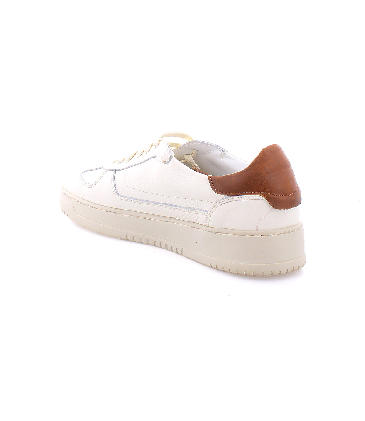 A classic white sneaker with a thick sole, featuring a high-quality leather brown accent on the heel, displayed from a rear-angle view. Perfect men's footwear for any occasion. Introducing the Bed Stu North.