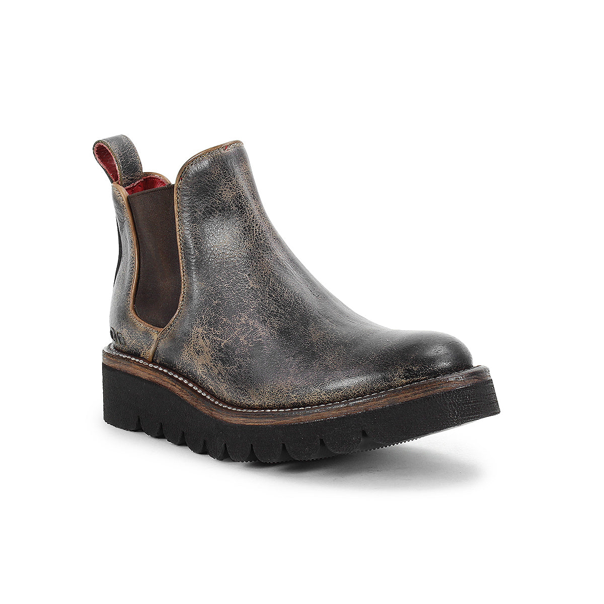 The Bed Stu Novel II is a single dark brown Chelsea boot featuring a distressed leather upper, elastic side panels, pull tab, and a thick black lightweight sole, shown on a white background.