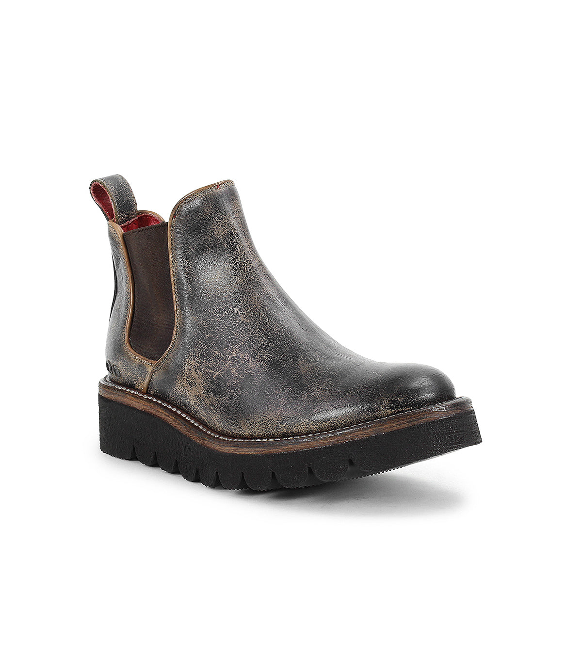 The Bed Stu Novel II is a single dark brown Chelsea boot featuring a distressed leather upper, elastic side panels, pull tab, and a thick black lightweight sole, shown on a white background.