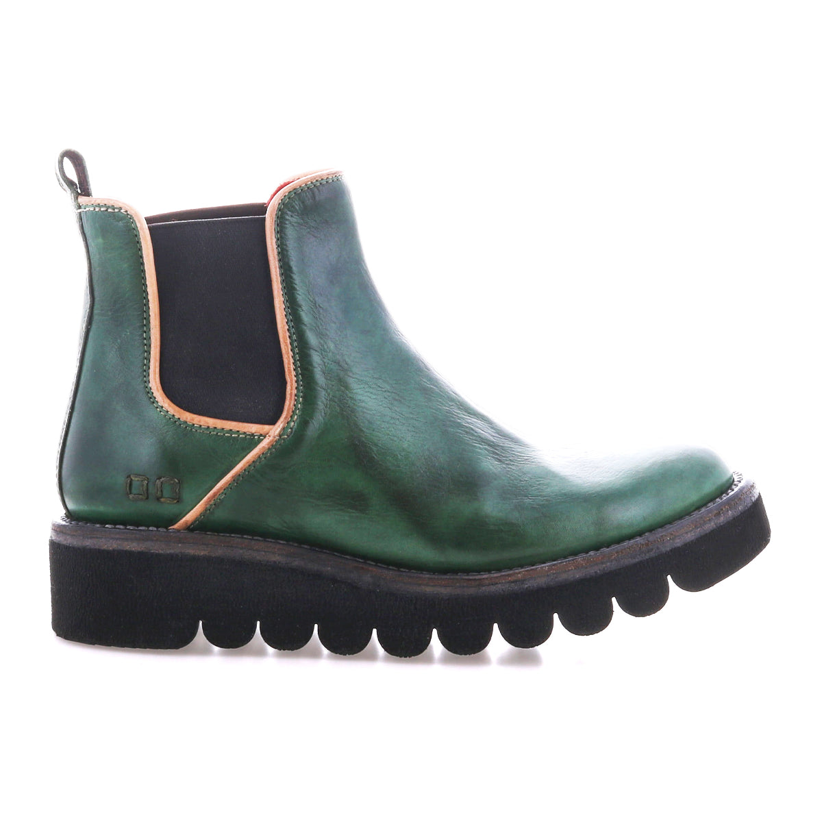 The Bed Stu Novel II is shown in side profile: a green leather Chelsea boot with black elastic side panels, tan trim, pull tab, and a thick black ridged lightweight sole on a white background.