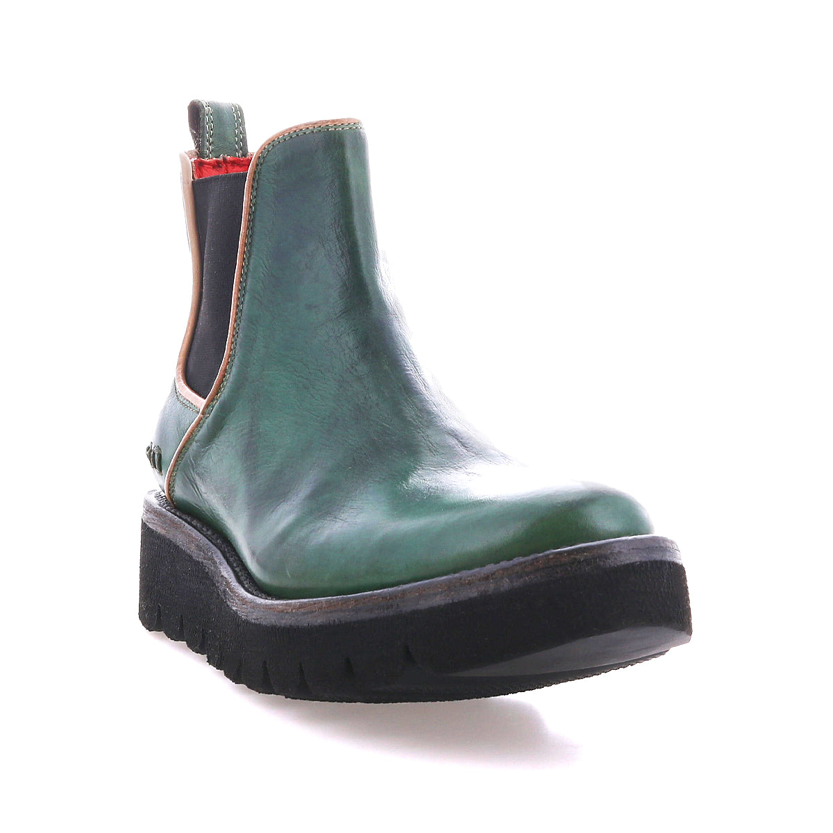 The Bed Stu Novel II is a green leather Chelsea boot featuring black elastic side panels, a pull tab, and a thick yet lightweight sole, shown against a white background.