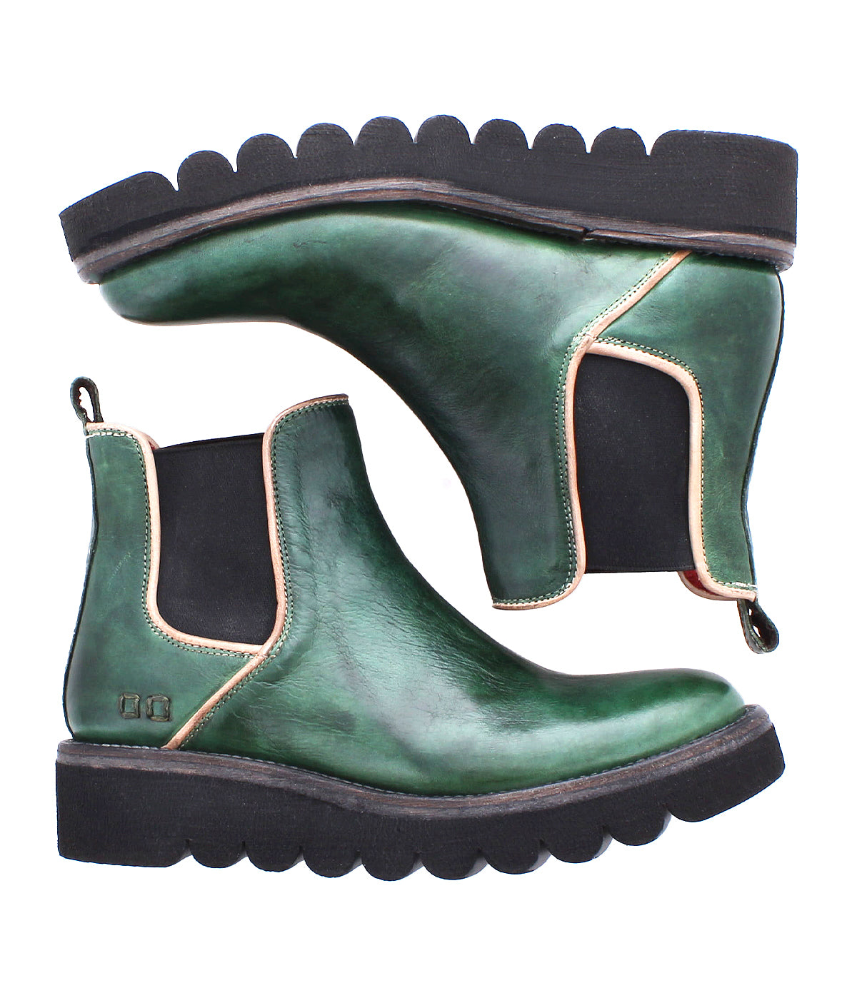 The Bed Stu Novel II is a pair of green leather Chelsea boots with black elastic side panels, tan trim, and a chunky lightweight sole with black scalloped edges, shown from the side.
